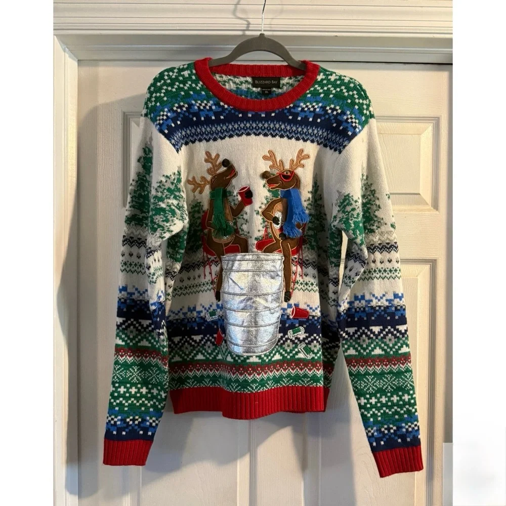 Deer Cheer BLIZZARD BAY Pullover Reindeer Drinking Ugly Christmas Sweater XL